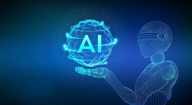 Цифрова фігура людини тримає світну кулю з написом «AI», що символізує штучний інтелект і сучасні технології.